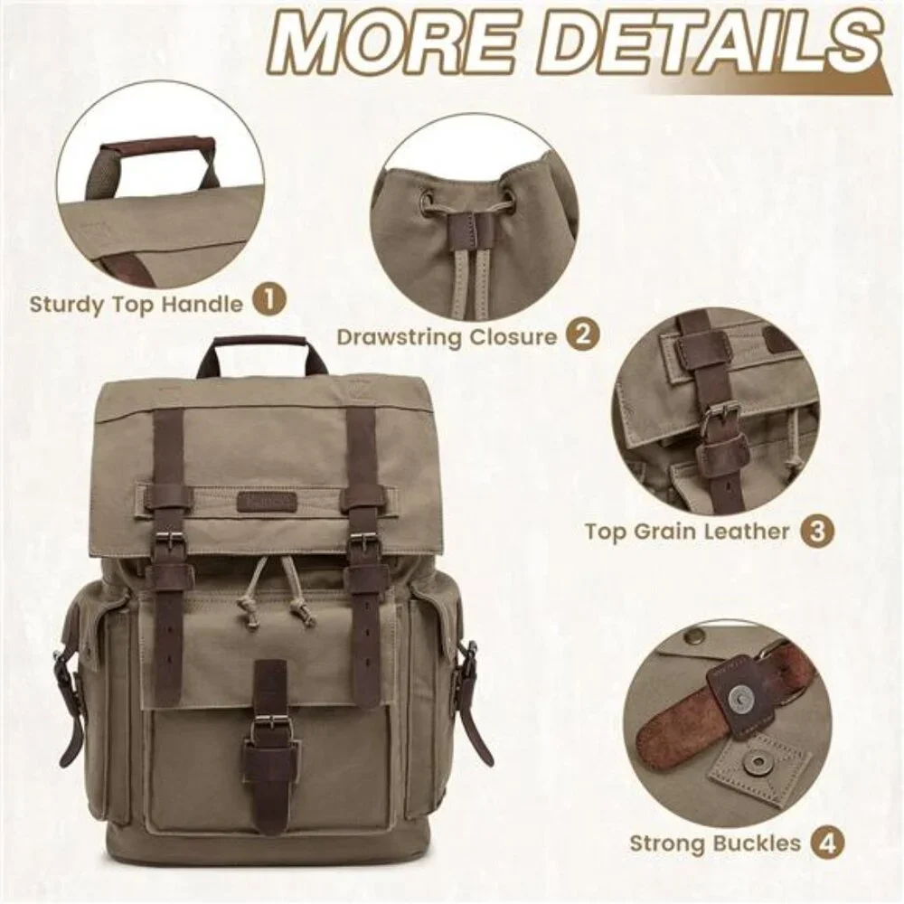 Men’s Leather Canvas Backpack Large Bag Green - Picture 6 of 6